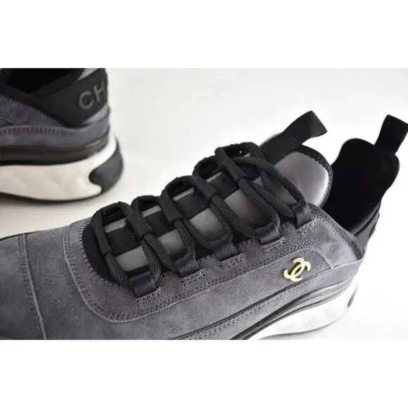 Chanel 23K Grey Suede Black White CC Logo Lace Up Low Top Trainer Sneaker 39.5 - Picture 11 of 15